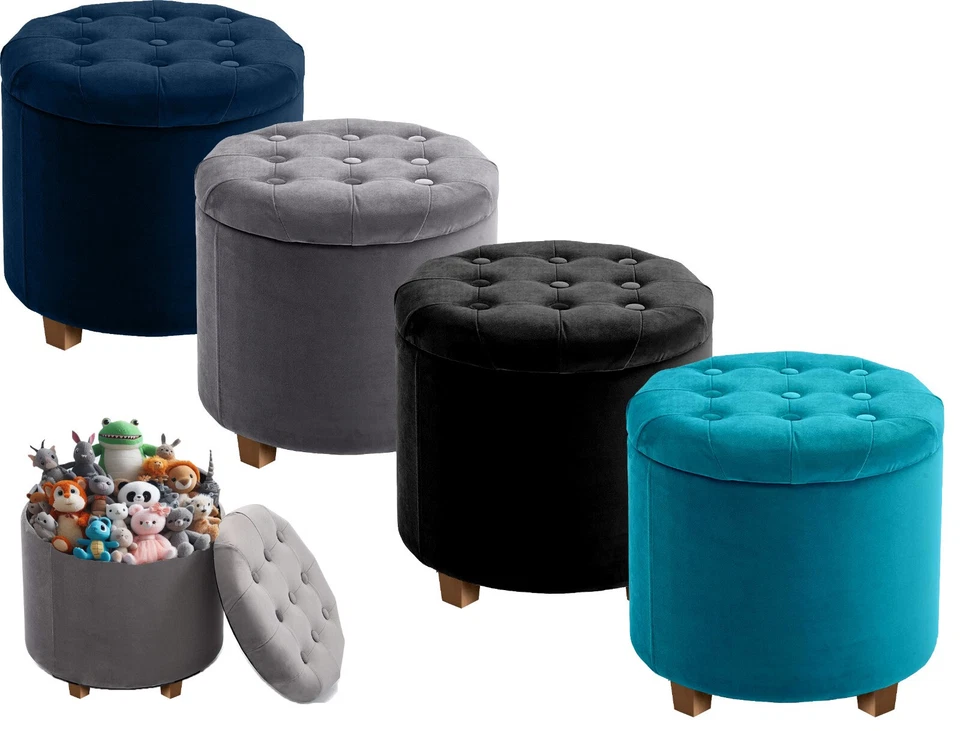 Ottoman Storage Round Velvet with Lids Pouffe Seat Stool Toy Storage Bench UK - Image 1 of 1