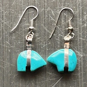 Vintage Silver Turquoise Bear Dangle Earrings Fetish. - Picture 1 of 5