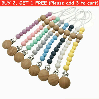 Safe Silicone Beads Beech Wood Clips Chew Pacifier Chain Clip Baby Teething Toys • 10.99$