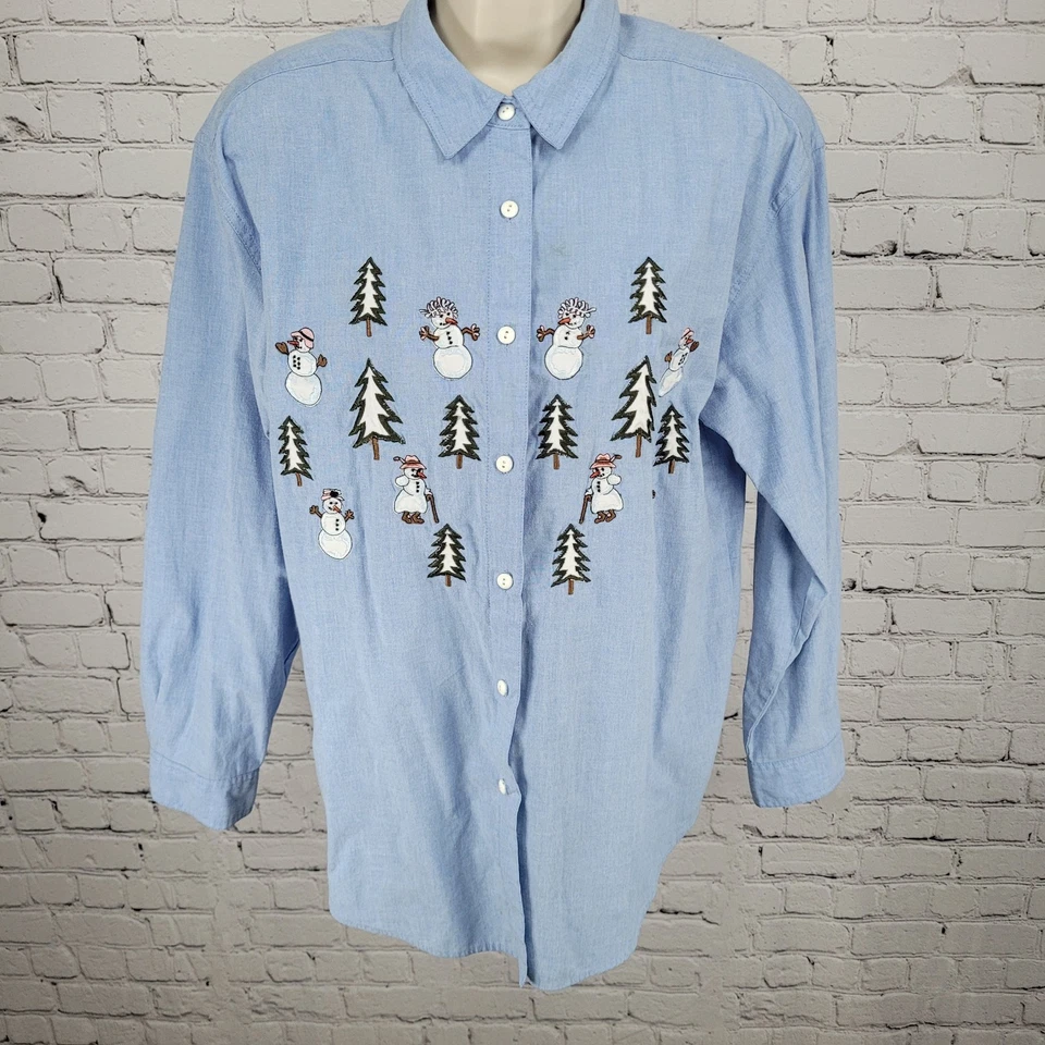 VTG Falls Creek Blue Snowman Embroidered Button Up Long Sleeve Shirt Size Medium - Image 1 of 4