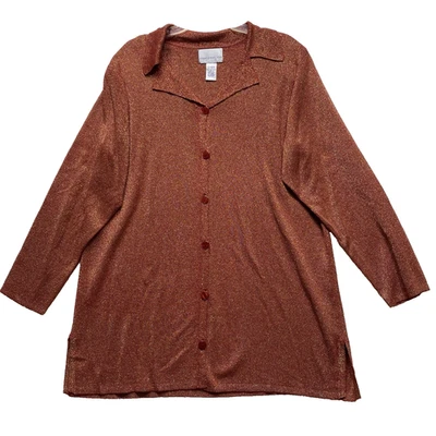 Susan Graver Red Button Front Gold Sparkle Ribbed Sweater Cardigan Size XL Foto 1 de 4