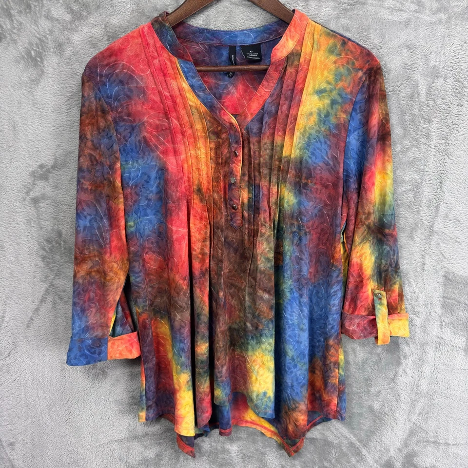 Top túnica asimétrica bordada tie-dye plisada New Directions XL Lagenlook Art Foto 1 de 4
