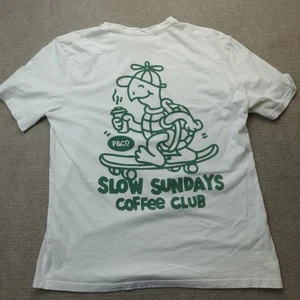P&CO Shirt Medium White Double Sided Slow Sundays Coffee Club - Picture 1 of 10