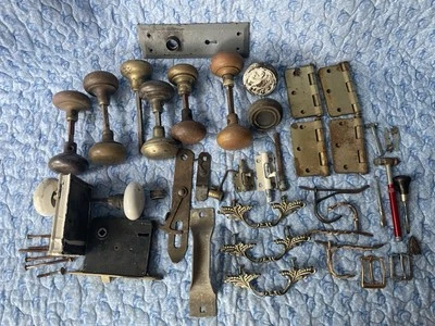 Antique & Vtg Lot of “Fixings” Knobs Hinges Locks Hooks Screws & More  - Image 1 of 4