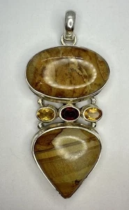 Big VNT NOS Sterling Silver Handcrafted Jasper Garnet Citrine Pendant Heavy 33g - Picture 1 of 10