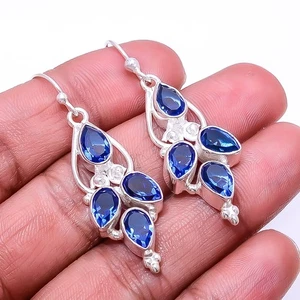 Blue Sapphire -Simulated Multi Collet 925 Sterling Silver Earring 1.95" E8047332 - Picture 1 of 3