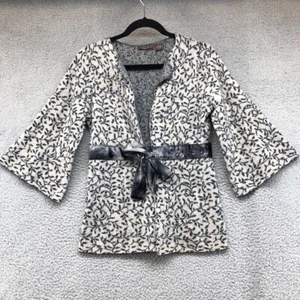 Heather B Sweater Cardigan Gray Floral Wool Knit Tie 3/4 Sleeve Womens Small - Picture 1 of 5