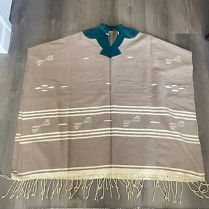 30s 40s 50s Wool Poncho Puebla Mexican Knit Cape Bohemian Hippy Blanket Rug VTG - Picture 1 of 11