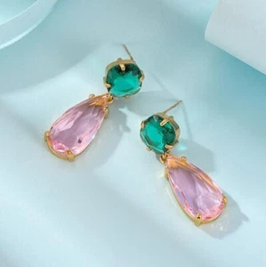Unique Teardrop Pink Topaz Square Green Quartz Gems Gold Plated Dangle Earrings - Picture 1 of 6