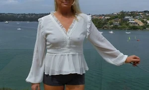 VINTAGE Forever New Bohemian Folk Feminine Sheer Ruffled Peplum Retro Blouse - Picture 1 of 5