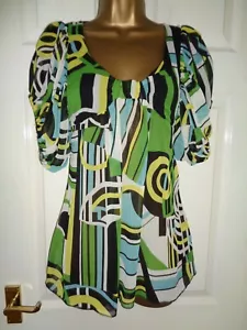 SONIC -GEO DESIGN MULTI COLOUR CHIFFON EFFECT SCOOP NECK TUNIC TOP 8-10 NWT - Picture 1 of 8