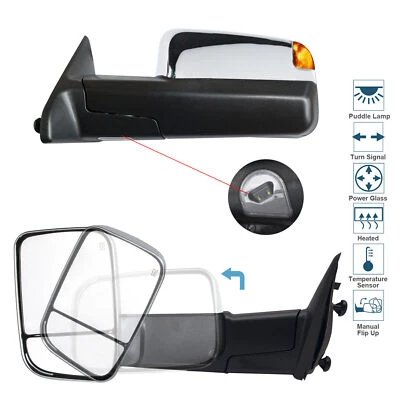 Пара зеркал буксировки питание для 2016 2017 2018 2019 Dodge Ram 1500 2500 хромированная крышка - Изображение 1 из 4