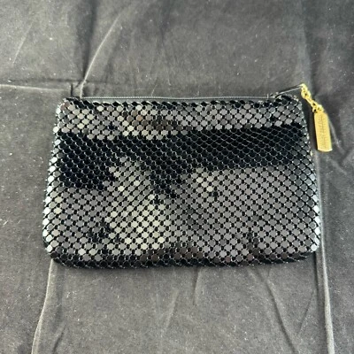 Whiting & Davis Black Purse Clutch Bag Mesh Pocket Zipper Zippered Vtg Gold - Image 1 of 4