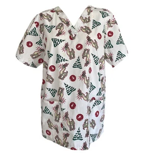 Christmas Scrub Top Shirt Womens Medium White Red Green Holiday Rudolph Reindeer - Picture 1 of 6
