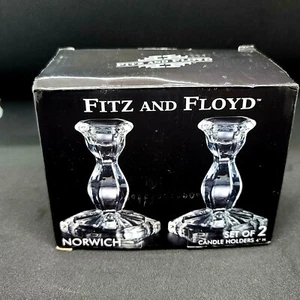 Fitz and Floyd Set of 2 Candle Holders 4" Tall Clear Glass Norwich New in Box - Picture 1 of 8