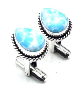 925 Sterling Silver Larimar Stone Jewelry Cuff Links Mens Size-2.5cm - Picture 1 of 7