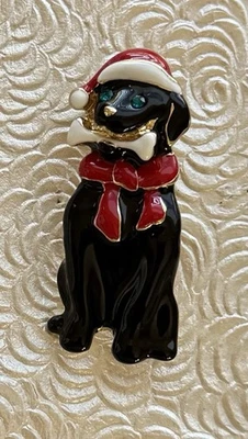 Dog  Christmas  Enamel on gold tone metal brooch pin - Image 1 of 3