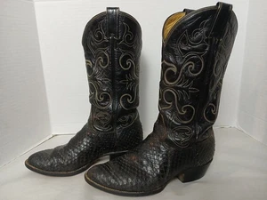 Vintage 1271 Tony Lama Men 8.5 Python Snakeskin/Leather Black Cowboy Boots - Picture 1 of 11
