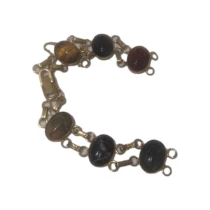 Vtg. Carved Scarab Semi Precious Stones & Gold -Tone Women Vintage Watch Band 7" - Picture 1 of 5