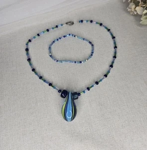 Vintage 90s Blue Beaded Choker Necklace Bracelet Set Glass Pendant Girl Jewelry - Picture 1 of 7