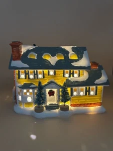 Mini Ceramic Snow Covered Yellow Light Up House With 3 Different Light Settings - Picture 1 of 10