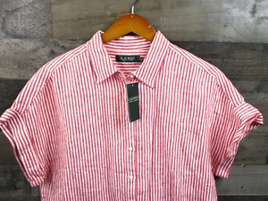 Ralph Lauren Shirt Womens Large Red White Striped Linen Short Sleeve Button Up - Picture 1 of 10