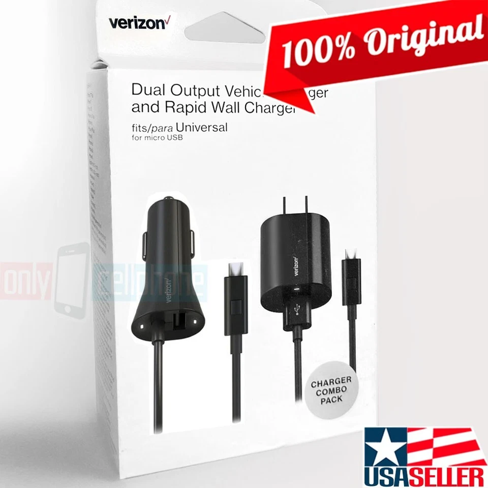Verizon 3in1 MicroUSB Car Charger+Wall Charger+Data Cable for Galaxy S7/S6/S4/S3 - Image 1 of 4