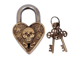 Brass Beautiful Padlocks with Two Keys Man Skull Engraved Antique Finished Lock - Picture 1 of 2
