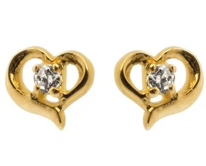1x Pair of 9ct Yellow Gold Heart CZ Gem Set Ear Studs Earrings + gift bag - Picture 1 of 2