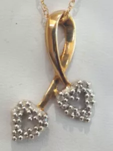 Collar Colgante de Diamante Corte Redondo Doble Corazón Dos Tonos Oro Sólido 10kt - Imagen 1 de 11