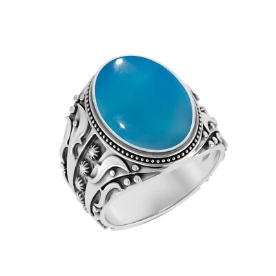 Anillo hecho a mano de piedras preciosas de calcedonia azul sólido de plata de ley 925 para hombre Foto 1 de 4