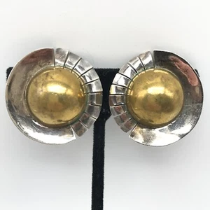 Taxco Mexico Vintage 925 Sterling Silver Two Tone Modern Chunky Clip On Earrings - Picture 1 of 10