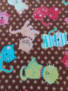 COLORFUL CATS, 2 @ 7/8 yds x 42 Each, 100% Cotton, Pink/Green/Aqua/Red on Brown - Picture 1 of 3