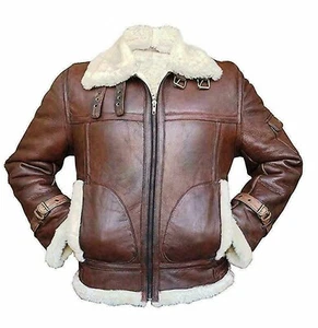 Men RAF B3 Bomber Ginger Flying Tan Brown Real Shearling Fur Leather Jacket - Picture 1 of 3