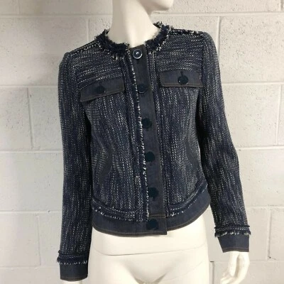 Chaqueta con flecos Worth New York Indigo Tweed talla 4 para mujer nueva con etiquetas Foto 1 de 4