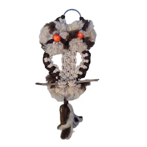 Handmade Vintage Macrame Owl Googly Eyes Stick 1970s Wall Hanging Small Beads - Picture 1 of 13