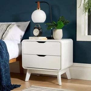 2 Drawer Bedside White Scandi Legs Bedroom Furniture Nightstand Seconds - Picture 1 of 7