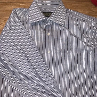 Camisa Donald J Trump Signature Collection Blanco/Azul Rayas Botón 15.5 32/33 Foto 1 de 4