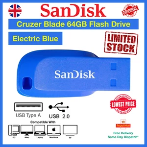 SanDisk Cruzer Blade 64GB Unità Flash USB 2.0, Memory Stick, Blu Elettrico - Foto 1 di 6