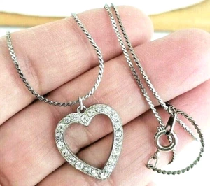 Vintage Clear Rhinestone Open HEART Pendant Silver Tone Necklace 18.25" - Picture 1 of 4