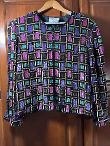 Vintage Papell Boutique Evening Multicolor Sequin Silk Jacket Women's Size Large - Picture 1 of 5