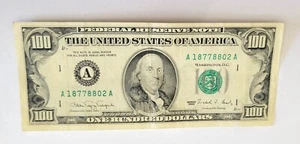 1990 $100 One Hundred Dollar Bill, Federal Reserve Note, Serial # A18778802A - Picture 1 of 2
