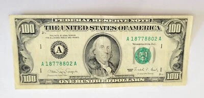 1990 $100 One Hundred Dollar Bill, Federal Reserve Note, Serial # A18778802A - Image 1 of 2