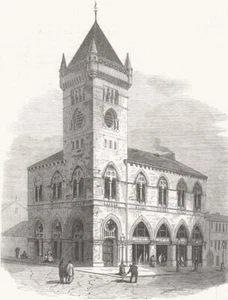 Market and Hall, Abergavenny, Wales 1872 altes antikes Vintage Druckbild - Bild 1 von 1