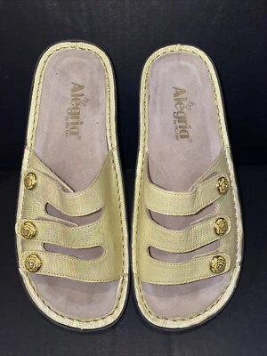 Alegria FIO-108 黄色皮革 Iridescent 舒适凉鞋女式 37 玫瑰纽扣 — 第 1/4 张图片