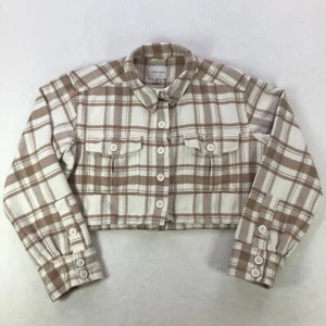 American Eagle Jacket Womens Small Brown White Plaid Cropped Button Up Shacket - Picture 1 of 12