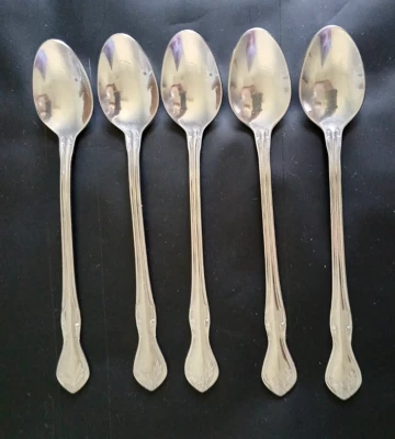 CINCO CUCHARAS DE TÉ HELADO. 7 3/4" Reed & Barton ROSE QUEEN Heritage acero inoxidable como nuevo Foto 1 de 4