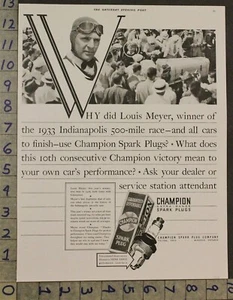 1933 AUTO CAR RACE INDIANAPOLIS LOUIS MEYER CHAMPION SPARK PLUGS AD PHOTO 28549 - Picture 1 of 1