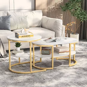 2er Couchtisch Set Beistelltisch Marmor Optik Wohnzimmertisch Rund Satztisch - Bild 1 von 12