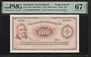 Dänemark 100 Kronen 1970 PMG 67 EPQ UNC P#46f* Ersatz / Stern Serie B2700J - Bild 1 von 4